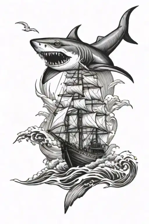 ship, shark and waves tattoo design idea