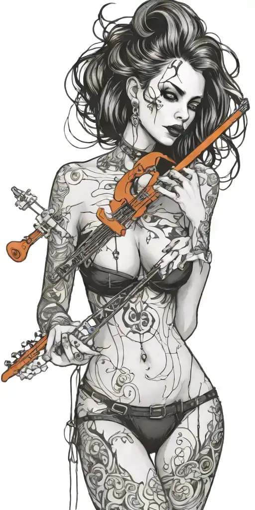 darkly alluring full nude goth girl rocking out tattoo design idea