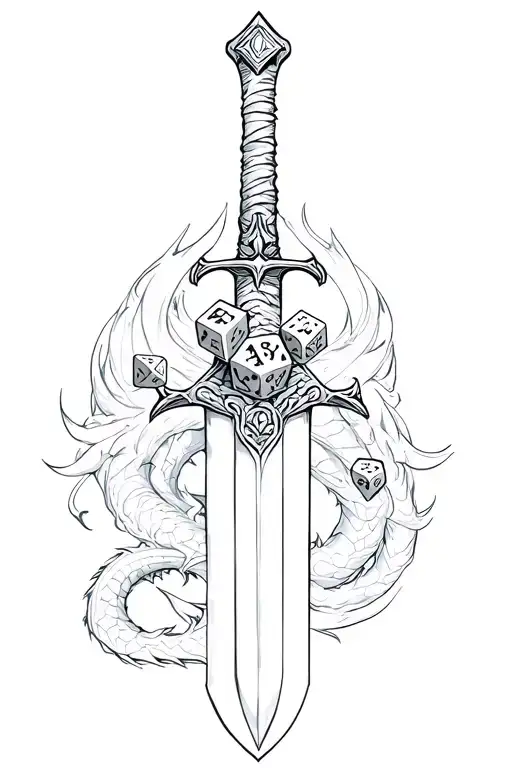 DnD set of dice over a sword. Fun details in the background containing  a dragon tattoo design idea