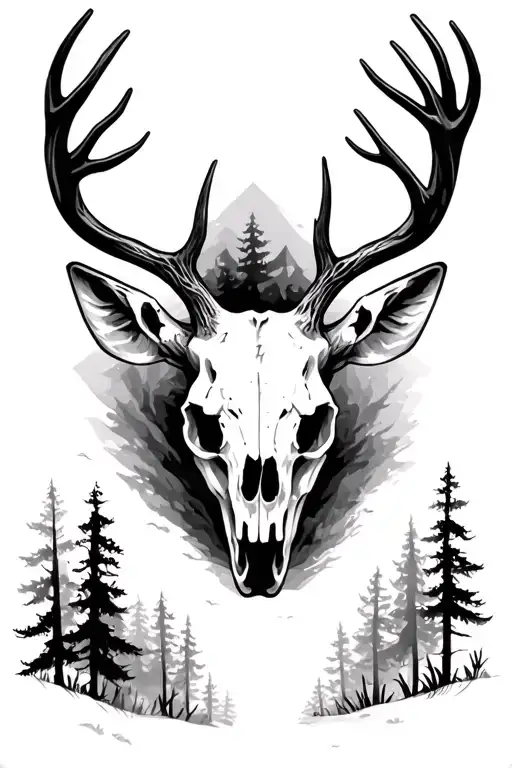 deer skull in forest  tattoo design idea