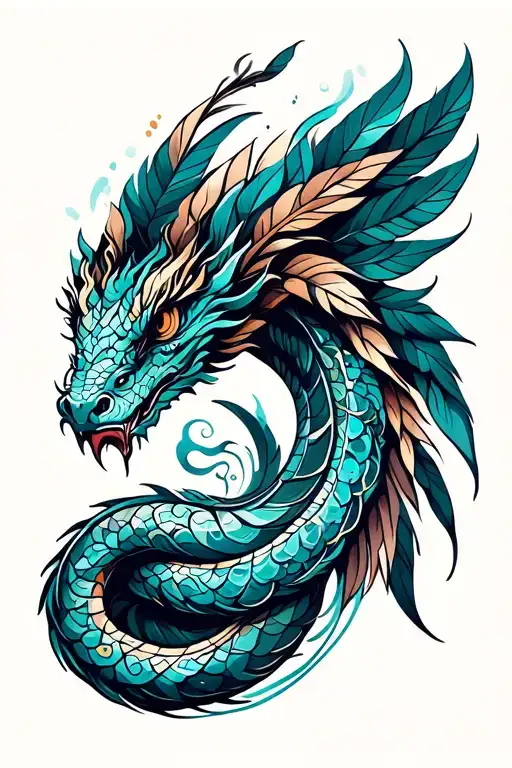 feathered serpent intertwined with geometric designs tattoo design idea