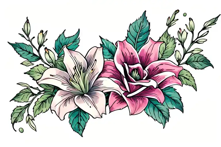 roses and lily flower intertwined tattoo design idea