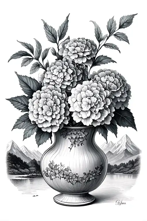 broken vase with dried hydrangeas and mountains  tattoo design idea