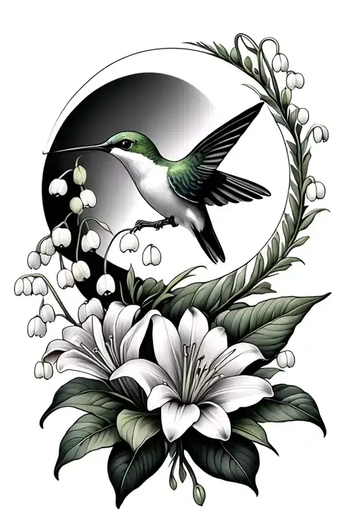humming bird with Lily of the valley flowers with moon tattoo design idea