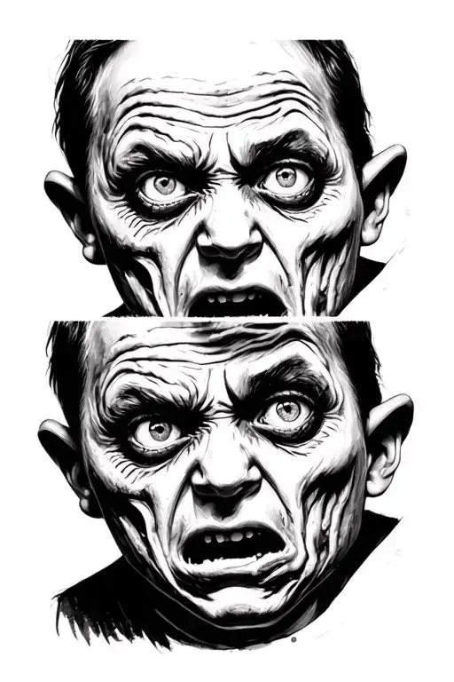 one scary face hidding his ears one hidding his eyes and one hidding his mouth all three scary faces tattoo design idea