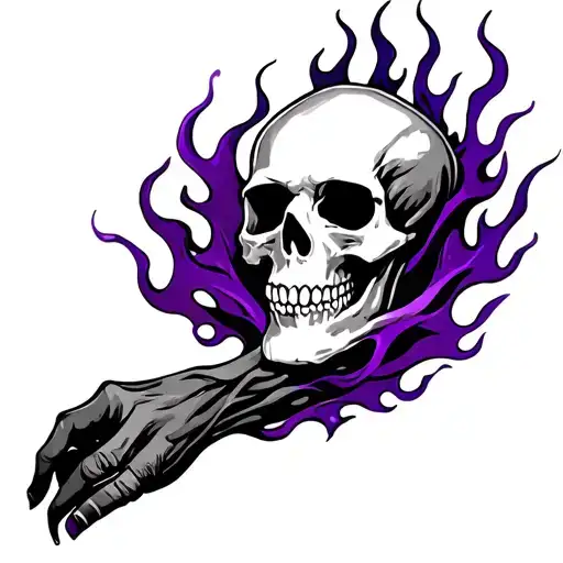 skull and purple flames left arm sleeve tattoo design idea