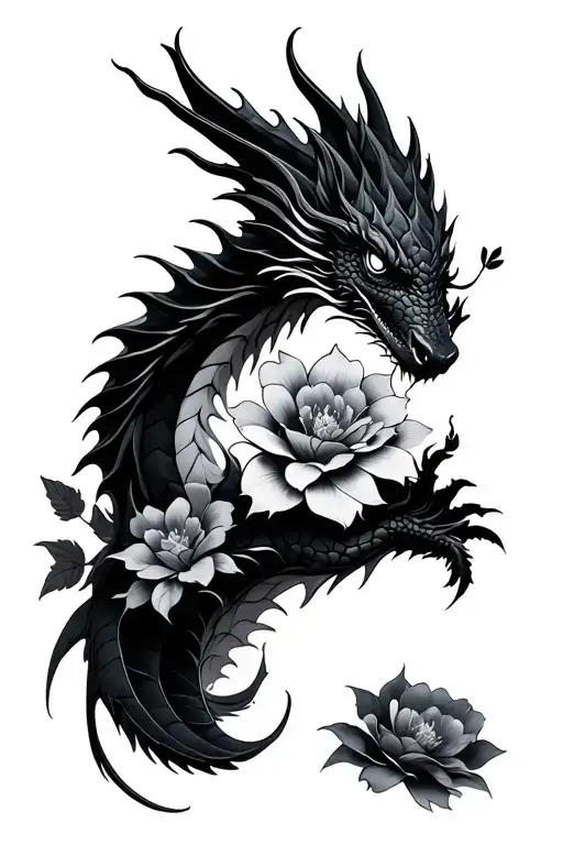 flowers and small dragon intertwined tattoo design idea