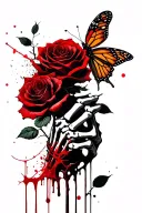 butterfly resting on rose, rose being held by skeleton hand, wrapped in barbed wire, melting flesh tattoo design idea