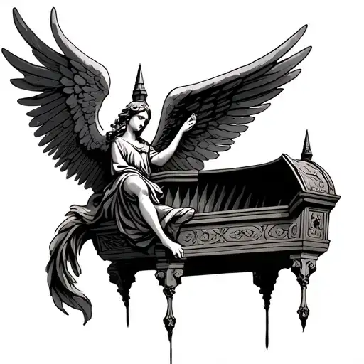 inside of gothic cathidral with an ark angel floating tattoo design idea