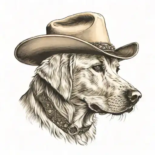 older golden female Labrador with a cowgirl hat on and western background tattoo design idea
