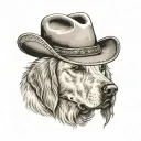 older golden female Labrador with a cowgirl hat on and western background tattoo design idea