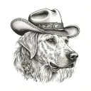 older golden female Labrador with a cowgirl hat on and western background tattoo design idea
