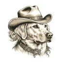 older golden female Labrador with a cowgirl hat on and western background tattoo design idea