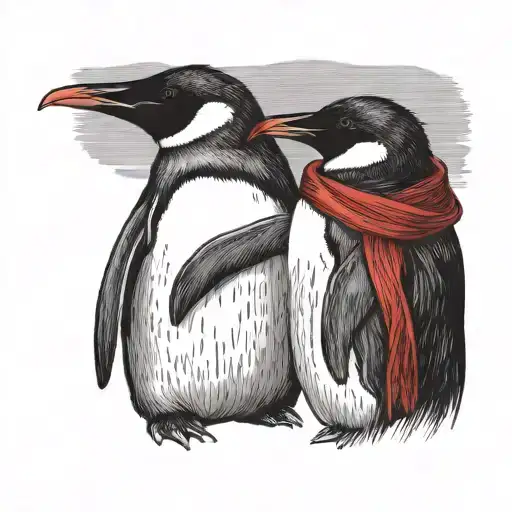 couple of penguins back to back with a red thread scarf tattoo design idea