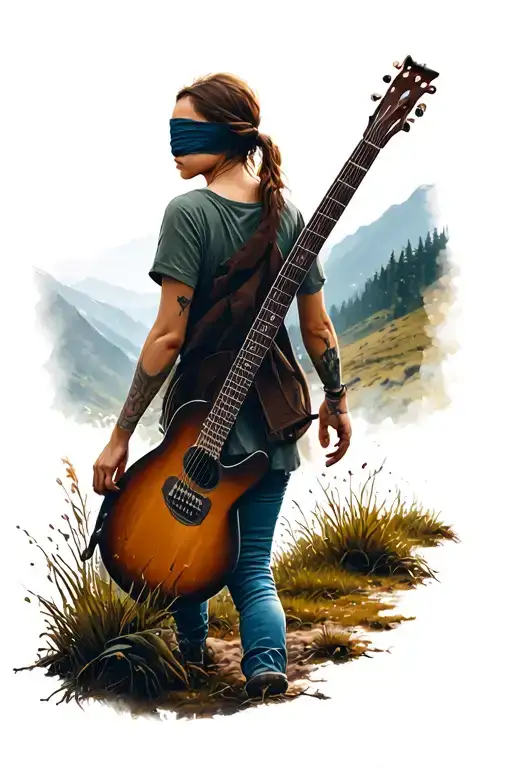 Adult Ellie from the last of us wearing a blindfold walking through a valley with her back turned dragging her guitar w tattoo design idea
