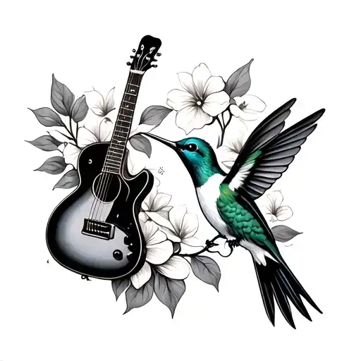 two hummingbirds and a guitar  tattoo design idea