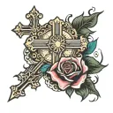 cross with rose and sun and star and ashes  tattoo design idea