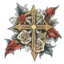 cross with rose and sun and star and ashes  tattoo design idea