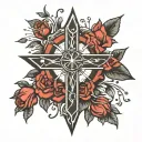 cross with rose and sun and star and ashes  tattoo design idea