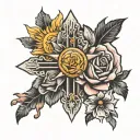 cross with rose and sun and star and ashes  tattoo design idea