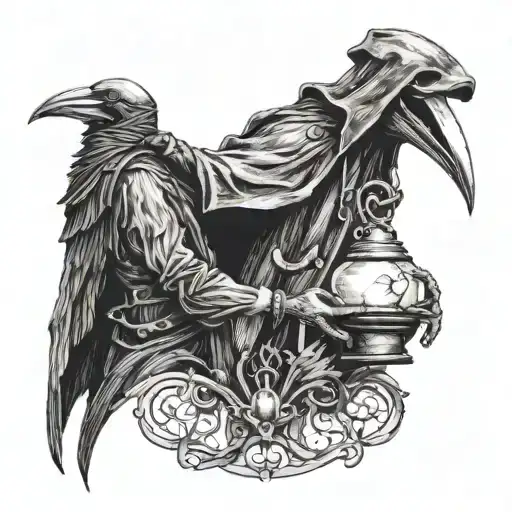 plague doctor touching the Paw of an sekeleton crow and in the other hand holding an oil lamp with a black hole inside  tattoo design idea