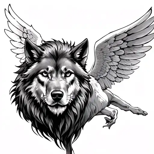 The lion's head on the shoulder👼 The realistic guardian angel tilted slightly forward🐺 The fighting wolf with it tattoo design idea