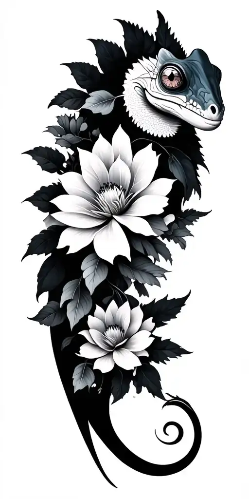 Chameleon in Black & colour from shoulder to wrist.Full Arm Sleeve.Black simple background floral tattoo design idea