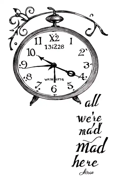 alice in the wonderland with clock at 13:28 and the text "we're all mad here" tattoo design idea