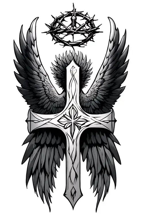 wing, 39 whips, crown of thorns, cross tattoo design idea