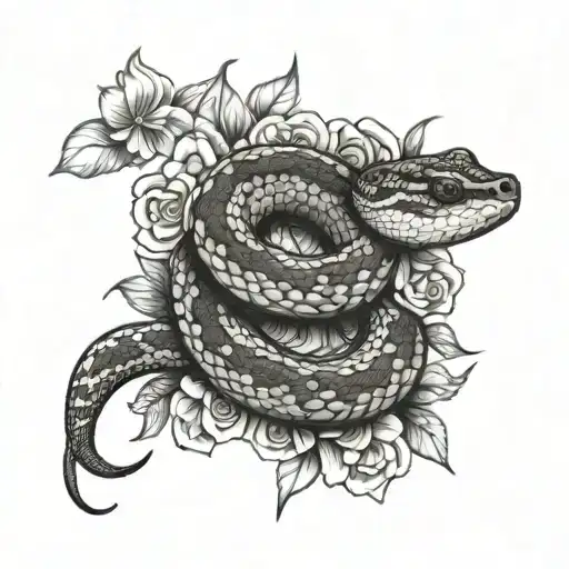rattlesnake with flowers tattoo design idea