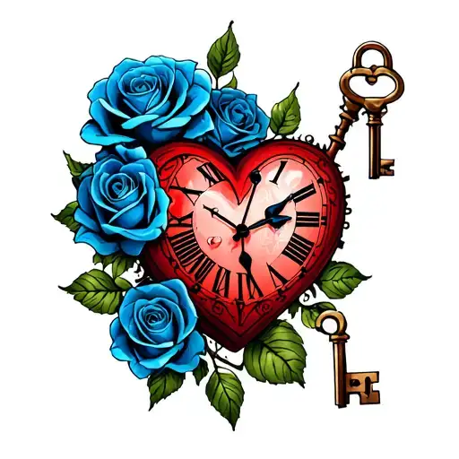 heart, lock n 3 keys with birth dates, clock or hour glass, blue roses intertwined tattoo design idea
