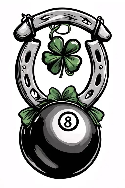 Traditional tattoo style, cartoon lady luck: horseshoe, bikini, billiard ball with number 8, four-leaf clover tattoo design idea