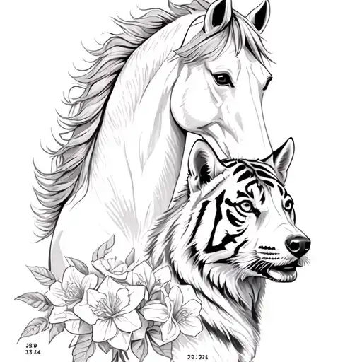 a horse, husky dog and tiger together with roses and narcissus flowers and dates 28/12/2014, 21/06/2018 and 29/12/2022 tattoo design idea