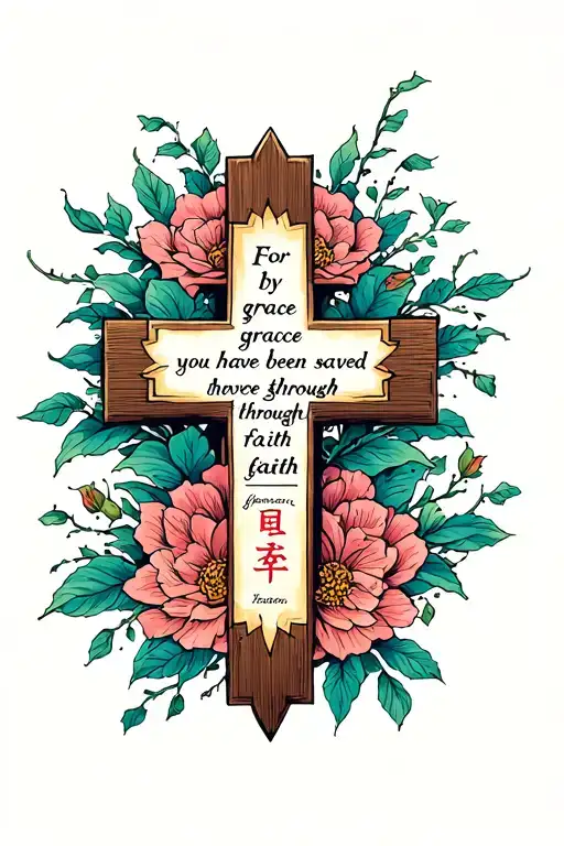 A Christian cross with the words "For by grace you have been saved through faith" tattoo design idea
