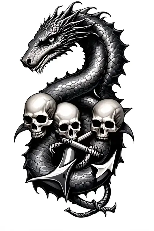 Sea Serpent wrapped around anchor with skulls tattoo design idea