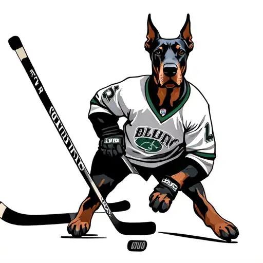 A Doberman Pincher playing para hockey, wearing a jersey and holding a hockey stick tattoo design idea