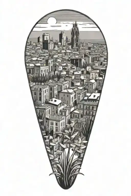 Barcelona skyline and Spanish plants tattoo design idea