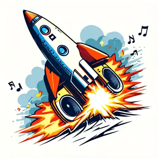 A retro rocket blasting off from the top of a subwoofer, its exhaust drawn like musical notes or waveforms. tattoo design idea