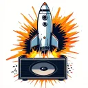 A retro rocket blasting off from the top of a subwoofer, its exhaust drawn like musical notes or waveforms. tattoo design idea