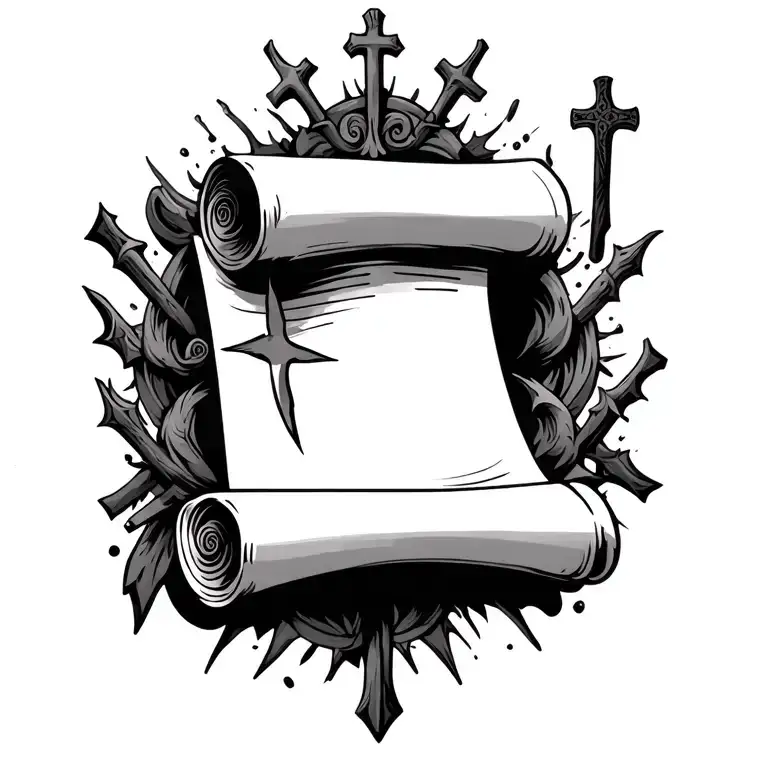 a scroll surrounded by crosses shooting behind it  tattoo design idea