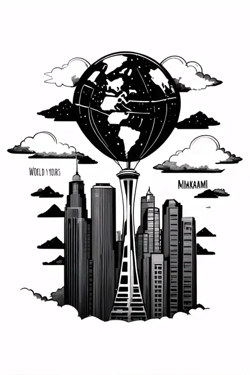 the words Ederer and Minakami. the world is yours balloon , Seattle skyline with space needle and clouds as fillers tattoo design idea