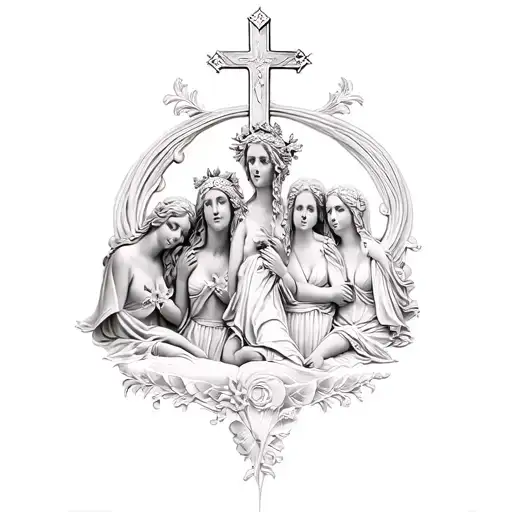 allegory of the four cardinal virtues as women, with a Christian cross in the background. tattoo design idea
