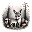 A small baby deer and a fox in the forest in autumn, with toadstools. The animals cuddle together. tattoo design idea