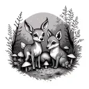 A small baby deer and a fox in the forest in autumn, with toadstools. The animals cuddle together. tattoo design idea