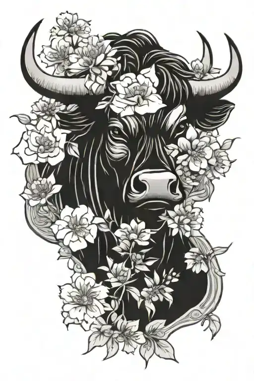 Japanese bull on the shoulder with flowers black and white  tattoo design idea