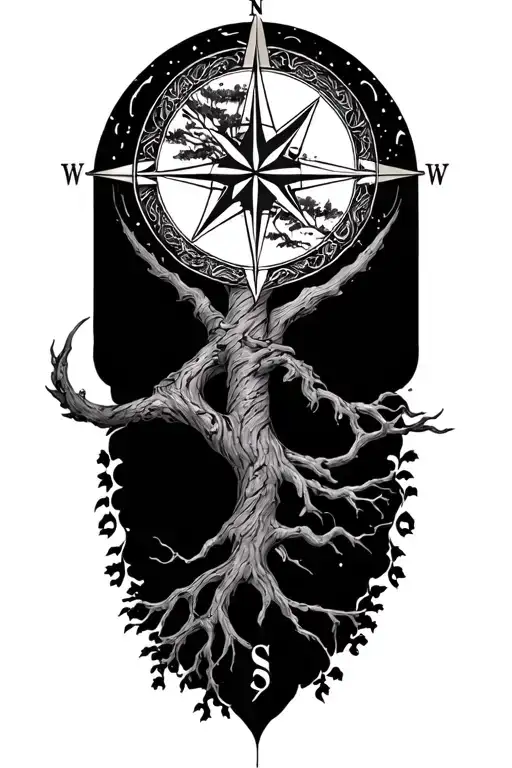 Nordic tree of life and compass with Japanese wind bars tattoo design idea