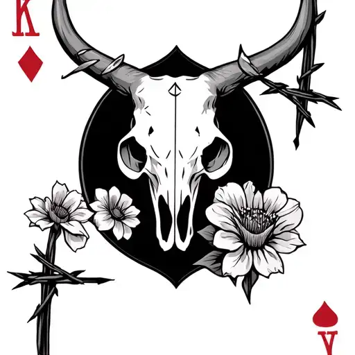 cards with an ace of each suit, bull skull, barbed wire, southern flowers, cross tattoo design idea
