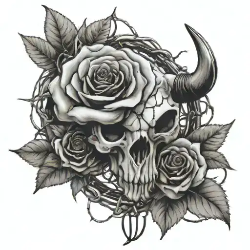 rose with barb wire around it with a bull skull in the middle  tattoo design idea
