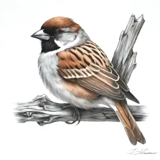 Sparrow without background black and white drawing geometric form in the back tattoo design idea