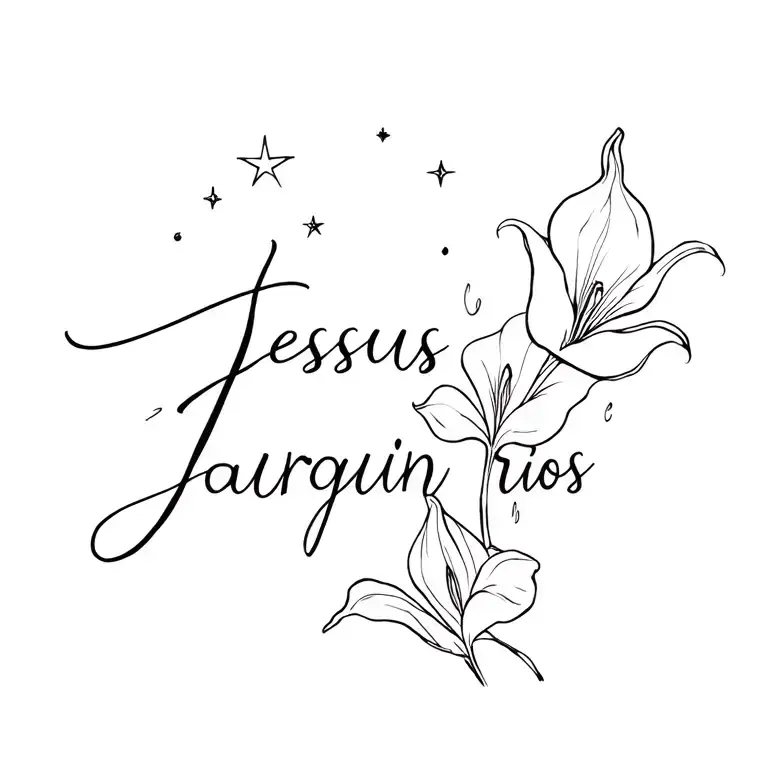 the Name jesus jarquin rios with calla lily flowers and stars  tattoo design idea